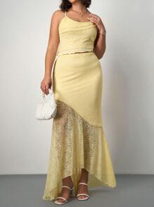 SHEIN Tall CURVE Plus Spring/Summer Vacation/Wedding Season Asymmetrical Lace Vest With Sheer Hem And Low Waist Fish Tail Ruffled Skirt 2 Pieces Set - Apricot - View 3