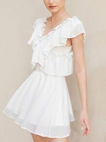 Aveloria New Elegant French Style V-Neck Ruffled Hem Cross-Front Convertible Shoulder Short Dress For Women, Chic And Age-Reducing   Old Money Style For Summer Spring Fall Autumn - White - View 1