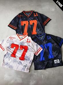 Manfinity Campus Court Aesthetic Post--Men's 3pcs/Set Coconut Tree Allover Print V-Neck Mesh Casual Tees Set - Multicolor - View 1