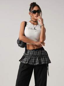 SHEIN ICON Women's Black Plaid Ruffle Hem A-Line Super Short Skirt - Black - View 5