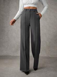 SHEIN Cottnline 女式纯色褶皱缝线西装裤 - 深灰色 - 查看 1
