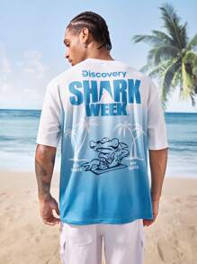 Shark Week X SHEIN 男士渐变鲨鱼印花圆领短袖T恤，夏季 - 彩色 - 查看 1