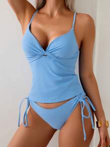 Swim Lushoire 2 bộ đồ bơi bikini hai mảnh mùa xuân nhiều màu sắc cho nữ, trang phục thường ngày thanh lịch và gợi cảm khi đi nghỉ dưỡng trên bãi biển - Màu xanh lam - Xem 3