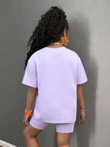 SHEIN 青少年女孩两件套宽松 T 恤和紧身裤套装，休闲时尚的日常穿着 - 紫色 - 查看 2