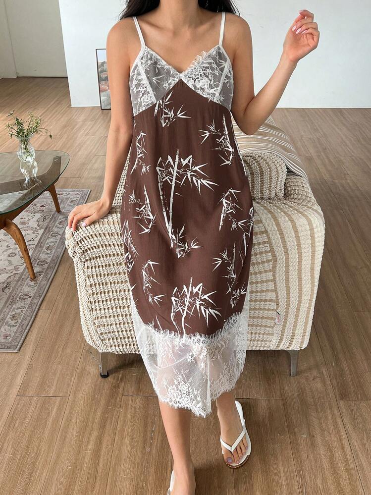 DAZY Robe de nuit à patchwork de dentelle bicolore avec imprimé bambou de style chinois pour femmes - Tabac - Voir 3