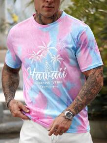 Manfinity RSRT Men Summer Sports Leisure Colorful Tie-Dye Coconut Tree Printed Round Neck Short Sleeve T-Shirt, Suitable For Outdoor, Home, Dating, Beach, Funny T-Shirt, Summer, Men Gifts, Oversized Beach T-Shirt, Hawaiian T-Shirt, Versatile - Multicolor - View 1