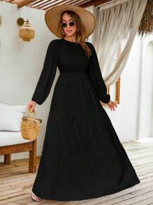 EURMUSE LANTERN LONG SLEEVE LAYERED LONG DRESS - Black - View 6