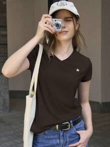 Jouncy Women Casual Star Print V-Neck Short Sleeve T-Shirt, Summer - Coffee Brown - View 6