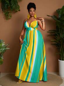 Maweii Plus Size Women's Striped Waist Cinching Maxi Strap Dress - Green - View 5