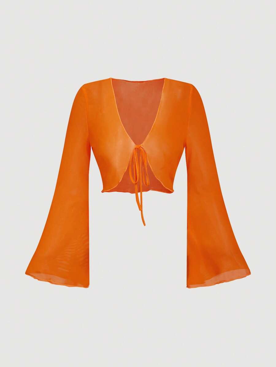SHEIN MOD Women's Solid V-Neck Tie Flare Sleeve Versatile Blouse - Orange - View 1
