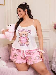 SweetSlumber Plus Size 2pcs Set Cute Cartoon Bear Heart Print Pajamas