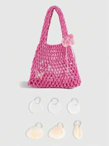 ROMWE Fairycore 1pc Fashionable Personalized Spring/Summer Beach Vacation Style Orange Ocean Woven Beach Bag, Large Size Women Handbag - Multicolor - View 3