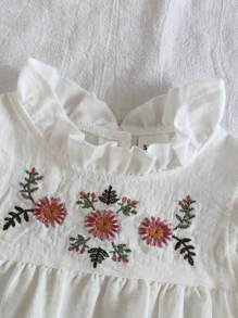 SHEIN Baby Girls' Summer Countryside Lovely Embroidered Flower Pattern Ruffle Princess Blouse Top - White - View 6