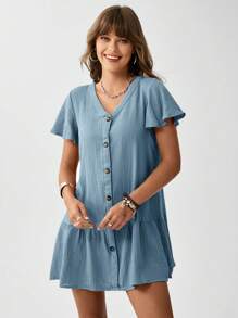 SHEIN LUNE Women Summer Button Decorated V-Neck Ruffle Short Sleeve Loose Fit Dress - Blue - View 4