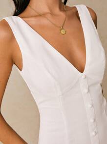 Poéselle 女士连衣裙 亚麻白色连衣裙 长款连衣裙 后腰系带 女士纯色 V 领单排扣无袖休闲长裙 夏季女士连衣裙 夏季连衣裙 太阳裙 波西米亚风夏装 夏季女装 Y2k 乡村音乐会服装 节日服装 商务休闲女装 - 白色 - 查看 7