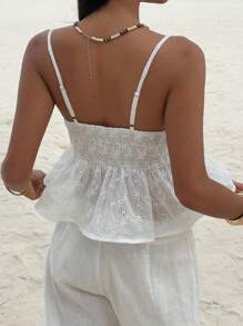 Sunnyshic 刺绣碎花领面料露背荷叶边下摆蝴蝶结前短款吊带背心，休闲时尚简约日常百搭夏季女装风格