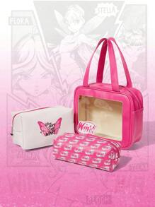 Winx Club X ROMWE 3pcs Set, Butterfly & Letter Print Cute Cosmetic Pouch, Other Storage Bag - Hot Pink - View 1