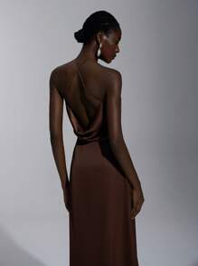 Elitara 优雅、浪漫、性感、简约、棕色缎面吊带露背连衣裙，金属扣装饰，紧身、时尚、网红风格，适合节日、度假、生日派对、婚礼活动、伴娘 - 鏽棕色 - 查看 3