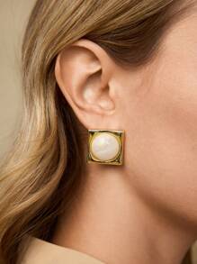 MOTF PREMIUM Pendientes con perla artificial con forma geométrica cuadrada chapados en oro de 18k