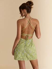 SHEIN BAE 夏季女式露背亮片提花绿色度假迷你连衣裙