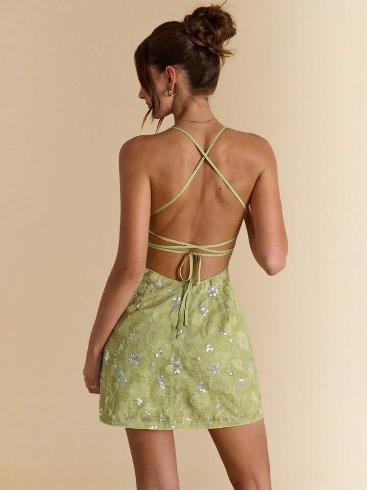 SHEIN BAE Summer Women's Backless Sequin Jacquard Green Resort Mini Dress,Mint Green Dress - Green - View 2