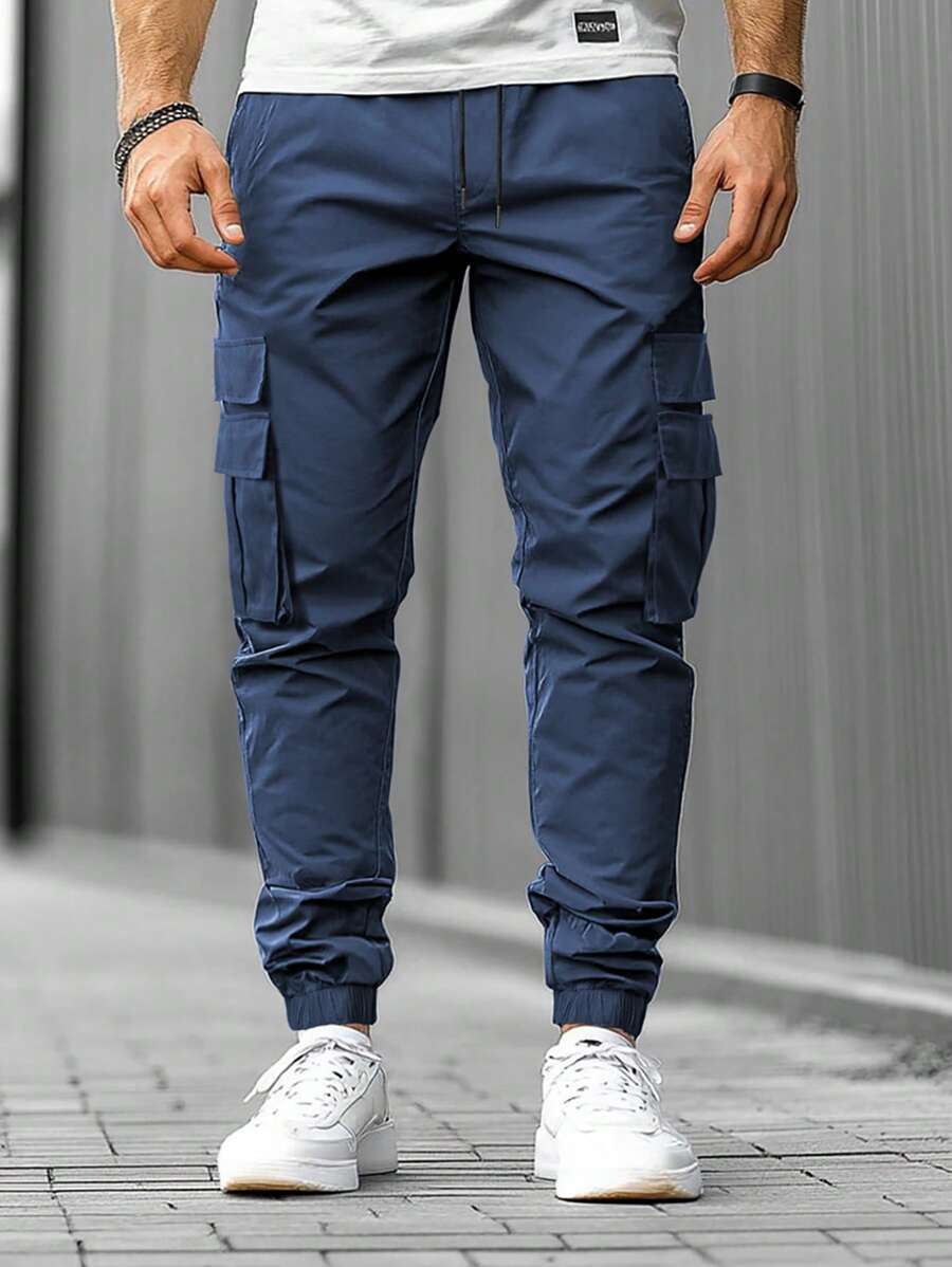 Manfinity Homme Men's Solid Color Drawstring Waist Cargo Pocket Casual Pants, Fall - Navy Blue - View 1