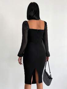 EURMUSE Square Neck Lantern Sleeve Ruched Bodycon Dress - Black - View 3