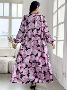 SHEIN Najma Lace Patchwork Floral Print Modest & Romantic Style Arabian Dress - Pink - View 2