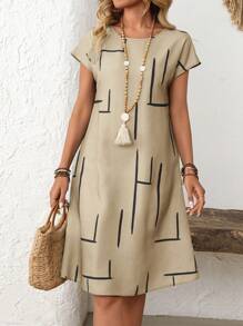 EMERY ROSE Women's Summer Casual Allover Print Round Neck Batwing Sleeves Dress Summer Dresses For Women,Shirt Dresses For Women