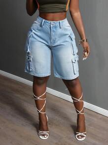 Slaydiva Women's Denim Shorts With Pockets, Fashionable For Summer - Blue - View 2