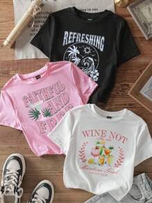 Muchica EZwear 3 Pieces Set Casual Simple Cocktail Martini Glass Seaside Vacation Coconut Tree Hibiscus Flower Slogan Spring Break Pattern Round Neck Short Sleeve Tight Short T-Shirt Women's Summer - Multicolor - View 1