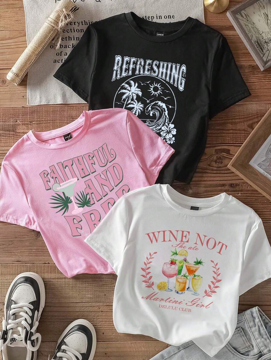 Muchica EZwear 3 Pieces Set Casual Simple Cocktail Martini Glass Seaside Vacation Coconut Tree Hibiscus Flower Slogan Spring Break Pattern Round Neck Short Sleeve Tight Short T-Shirt Women's Summer - Multicolor - View 1