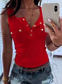 INAWLY Canotta aderente estiva senza maniche con bottoni in metallo - Rosso - Visualizzare 3