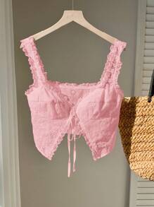 Comfortcana Pink Woven Ladies Tie Front Sweet Casual Summer Tank Top - Pink - View 1