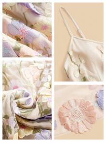 Anewsta 刺绣花卉 3D 网眼长披肩/围巾连衣裙，优雅节日外出度假装女士春季 - 淡紫色 - 查看 6