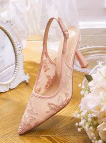 CUCCOO HITCHD New Summer Embroidered Lace Pointed Toe Stiletto High Heels, Elegant Romantic Light Pink Lace Mesh Women's Pumps, Bridal Wedding Party Dress Shoes For Christmas - Pink - View 3