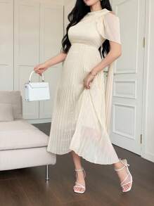 DAZY Women Elegant Solid Color Asymmetric Ruffle Pleated Mid-Calf Dress,Back To School Clothes