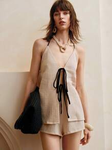 Chiquease 女式纹理编织无袖露背撞色系腰休闲度假短裤两件套，春夏 - 卡其色 - 查看 9