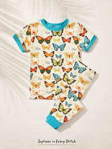 Cozy Pixies Baby Girl Cartoon Animal Print Knit Soft Crew Neck Short Sleeve Top And Elastic Waist Tight Pants 2 Pieces Snug Fit Pajama Set - Multicolor - View 1