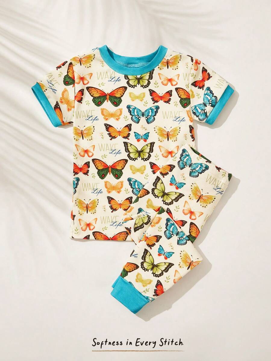 Cozy Pixies Baby Girl Cartoon Animal Print Knit Soft Crew Neck Short Sleeve Top And Elastic Waist Tight Pants 2 Pieces Snug Fit Pajama Set - Multicolor - View 1