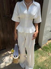 Muchica Camisa informal de mujer de manga de murciélago blanca con cintura fruncida, verano