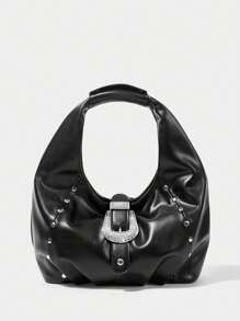 SHECARRY 女士时尚钻石扣单肩包，日常使用 - 黑色 - 查看 1