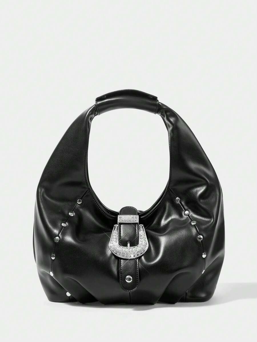 SHECARRY 女士时尚钻石扣单肩包，日常使用 - 黑色 - 查看 1