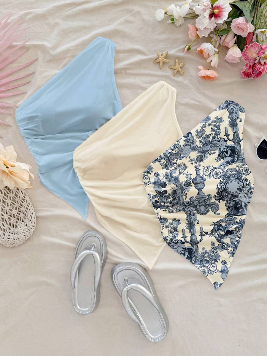 Soleia 3 件套复古不对称下摆花卉印花不对称领口衬衫，复古度假海岛风格，休闲性感可爱椰子女孩波西米亚音乐节风格，适合夏季 - 彩色 - 查看 1