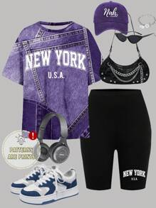 SHEIN Leap Crew 青少年女孩休闲简约短袖 T 恤和短裤两件套，适合夏季