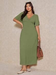 Elaquor Plus Size Casual & Elegant V-Neck Waist Gathered A-Line Dress, Suitable For Vacation,Summer Outfits For Women,Sun Dresses For Women - Green - View 6