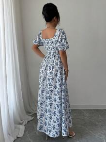 Elenzga Vestido maxi de verano para mujer con cuello cuadrado elegante, estampado floral y mangas abultadas con abertura lateral