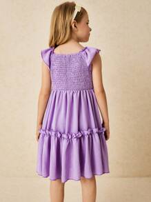 SHEIN Young Girls & Elegant Purple Ruffle Sleeve Shirred Dress - Purple - View 2