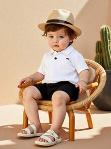 SHEIN 2pcs/Set Baby Boys 2 In 1 POLO Collar Short Sleeve Shirt & Shorts Outfit, Textured Fabric Design, Gentleman & Cute Style, Versatile & Comfortable For Baby Boy Summer Wear - Multicolor - View 9