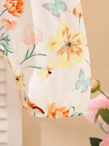 SHEIN Playful Pals 3件組女嬰象牙粉&白色甜美花卉印花短袖連身褲 夏季可愛休閒極簡主義吊帶褲 適合單身派對度假&外出 - 彩色 - 查看 7
